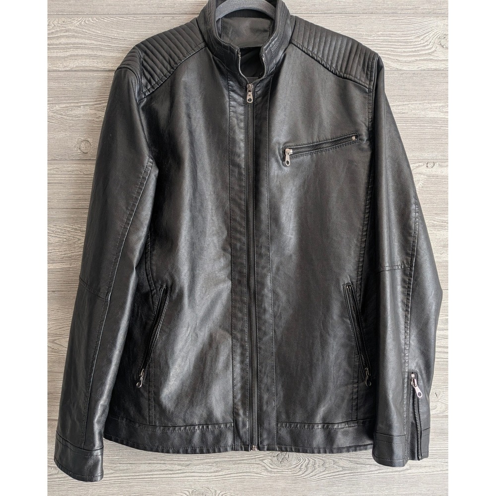 Mens Black Faux Leather Moto Cafe Racer Jacket Quilted Shoulder Zip Up Size L